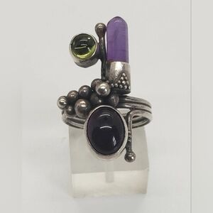 The Pyramid Collection Silver Ring with Purple and Green Accents